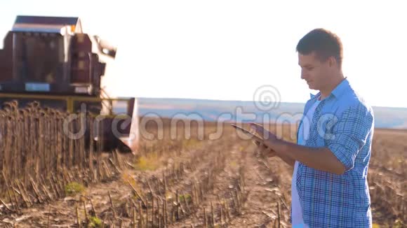 农民工作聪明的农业工人阅读或分析收获向日葵在农业领域的平板电脑上的报告视频的预览图