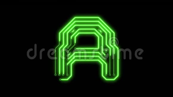 动画绿色霓虹灯发光字母A作为电路板风格视频的预览图