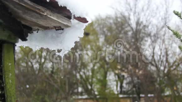 雪从屋顶上融化在春天里滴水视频的预览图