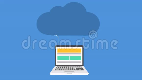 足现代云服务平板动画带有样品背景图标的笔记本电脑视频的预览图