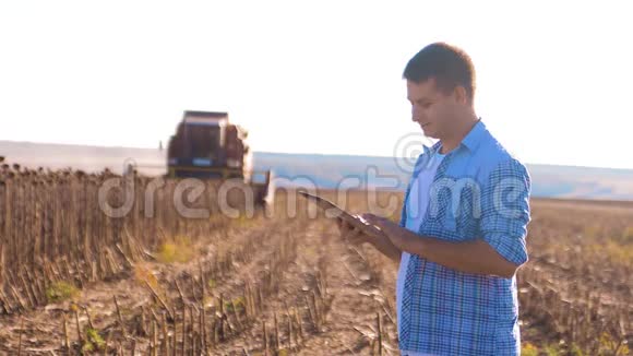 农民工作聪明的农业人阅读或分析收获向日葵平板电脑生活方式农业报告视频的预览图