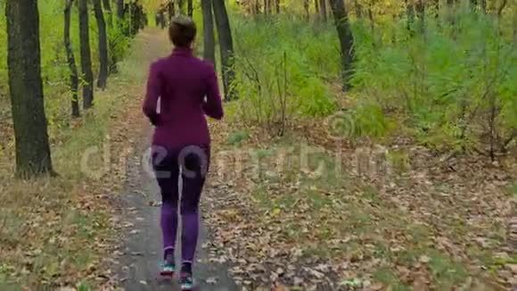 跑步女子跑步者在秋天的森林小径上慢跑适合女性运动健身模式运动员跑步训练视频的预览图