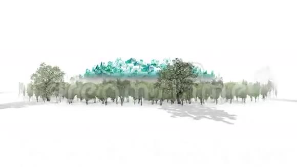 白色背景的树木和五颜六色的废墟建筑视频的预览图