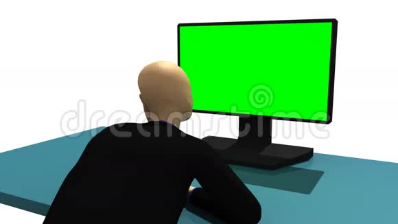 电脑动画代表一个3dman坐在绿色桌面前视频的预览图