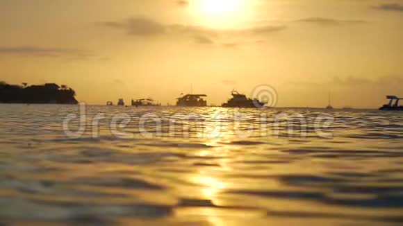 日落时分船和游艇停泊在水中视频的预览图