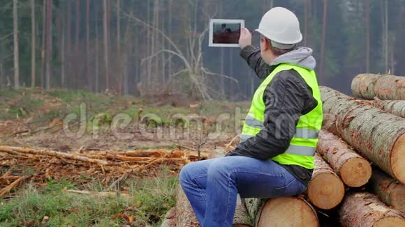 森林官员用平板电脑拍摄视频的预览图