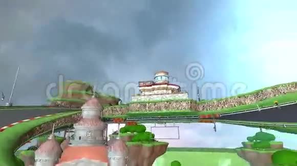 城堡在漂浮的绿色土地上视频的预览图