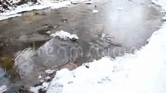 冰水在一条快速的泉水小溪里流淌树枝上的冰视频的预览图