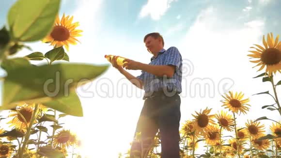 农夫老人手里拿着一个塑料瓶向日葵油立在田野里慢动作视频葵花籽油视频的预览图