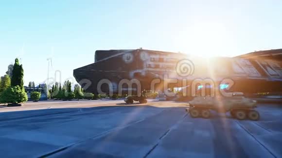 太空船在一个未来的城市城镇未来的概念空中观景超级逼真的4k动画视频的预览图