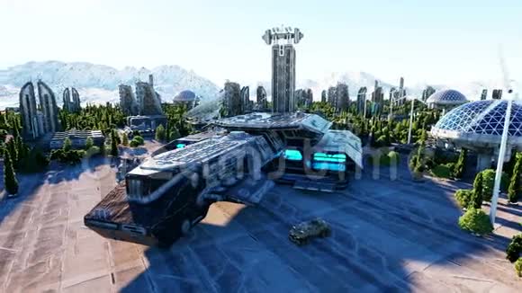 太空船在一个未来的城市城镇未来的概念空中观景超级逼真的4k动画视频的预览图