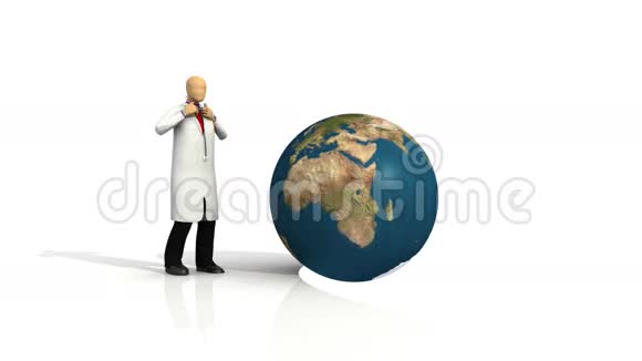 一个带有地球仪的3d医生的白色背景动画视频的预览图