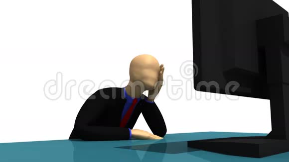 动画展示3D男子坐在屏幕前的桌子视频的预览图