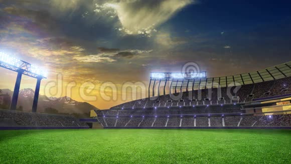体育场移动灯动画闪光灯与人球迷3渲染插图多云的日落天空视频的预览图