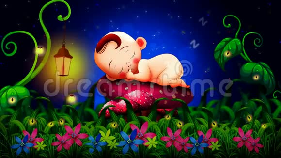 可爱的婴儿卡通睡在蘑菇上最好的循环视频背景让婴儿睡眠和放松视频的预览图