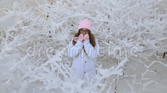 穿着粉红色帽子和手套的漂亮女孩在冬天的雪林里视频的预览图
