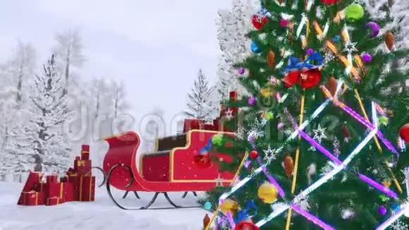 装饰圣诞树和圣诞老人雪橇视频的预览图