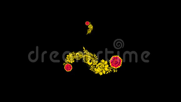 黑色背景下鲜红的花朵和浆果的俄罗斯Khokhloma动画视频的预览图