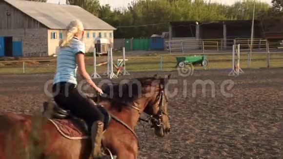 年轻的白人女孩骑着一匹棕色的马视频的预览图