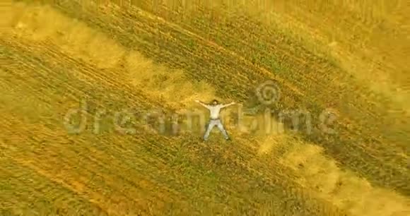 空中观景垂直运动飞过躺在黄色麦田上的人视频的预览图