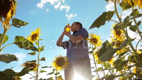 农夫手里拿着一个塑料瓶向日葵油立在田野里慢动作视频向日葵视频的预览图