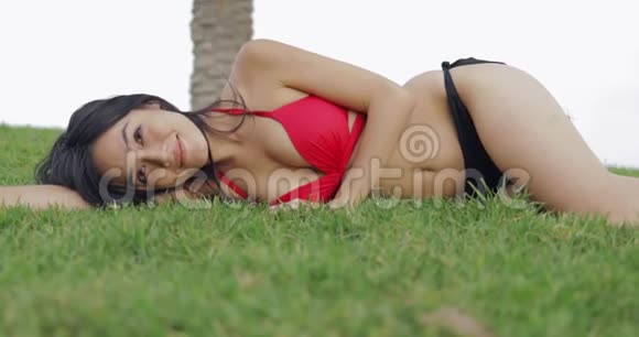 性感模特穿比基尼在草地上视频的预览图