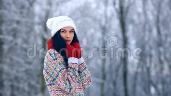 冬少女画像美丽快乐的模特女孩在冬天的公园里笑着玩美丽的年轻女子视频的预览图