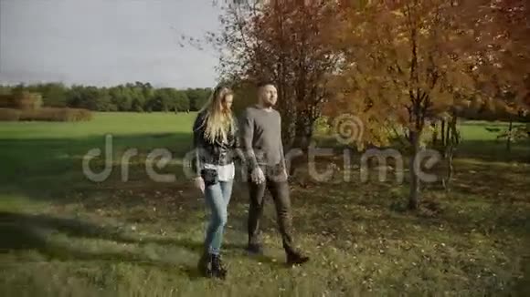 在秋天公园散步的夫妇视频的预览图