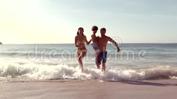 幸福的家庭在水中奔跑视频的预览图