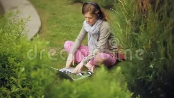 有笔记本电脑的女人在美丽的绿色公园的草坪草地上放松一个常年在植物园里工作的年轻女子视频的预览图