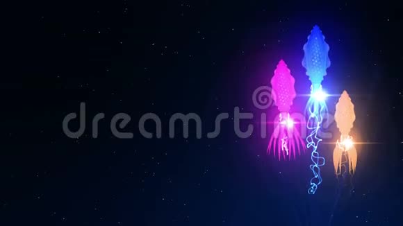 在水下用彩色光照射鱿鱼荧光色鱿鱼漂浮在水中CG循环动画视频的预览图