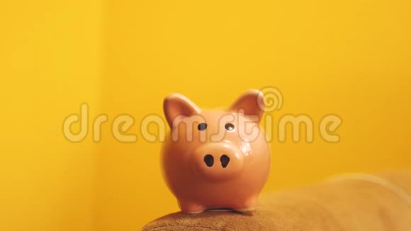 猪银行的经营理念一只手把硬币放在黄色背景上的储蓄罐里生活方式省钱视频的预览图