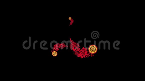 黑色背景下鲜红的花朵和浆果的俄罗斯Khokhloma动画视频的预览图