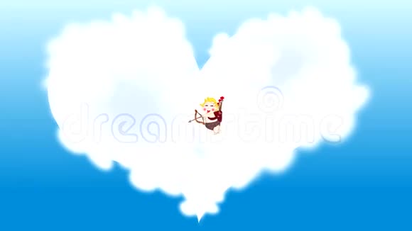 顽皮有趣的丘比特用一朵云向天空射出红心视频的预览图