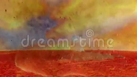熔岩海中的孤岛陨落的流星和燃烧的天空视频的预览图