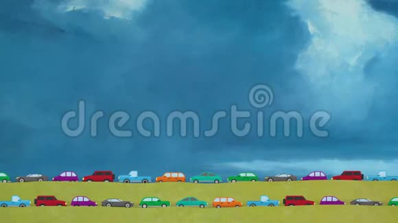 在蓝天背景下卡通矢量汽车在尖峰时刻行驶视频的预览图
