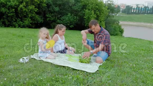 快乐的一家人在野餐吃西瓜视频的预览图