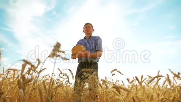 老农夫剪影面包师拿着一个金色的面包和面包在成熟的麦田里对着蓝天慢动作视频的预览图