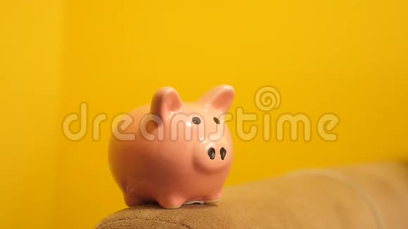 猪银行的经营理念一只手把硬币放在生活方式黄色背景下的储蓄罐里省钱就是视频的预览图