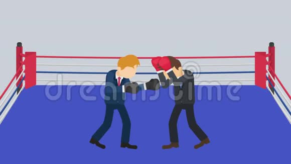 在拳击场上互相打架穿着拳击手套的商人战斗商业竞争概念平面循环动画视频的预览图