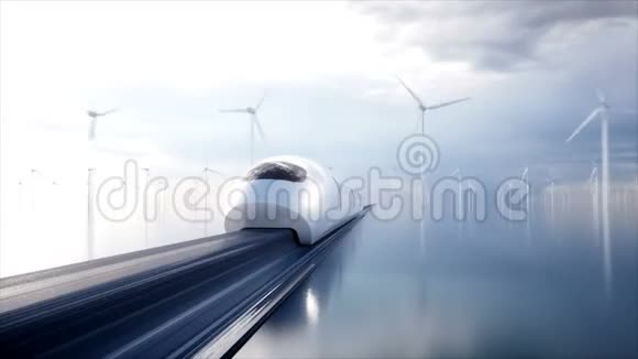快速未来式单轨列车未来的概念人和机器人水和风能逼真的4K动画视频的预览图