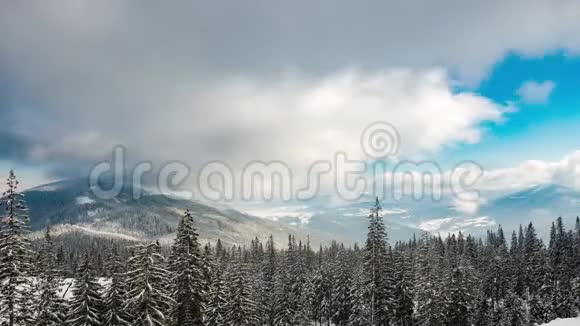 美丽的山日多云的冬冷杉视频的预览图