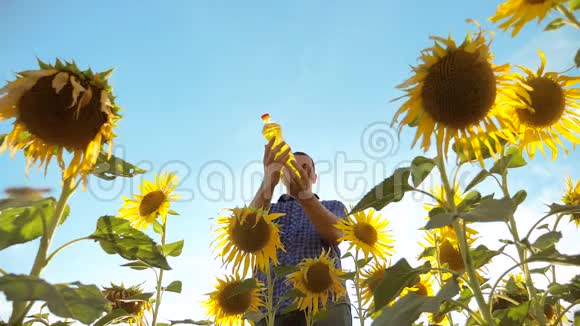 农夫手里拿着一个塑料瓶向日葵油立在田野里慢动作视频葵花籽油视频的预览图