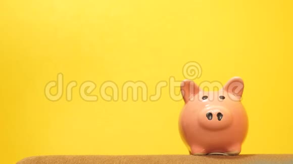猪银行生活方式商业理念一只手把硬币放在黄色背景上的储蓄罐里省钱就是视频的预览图
