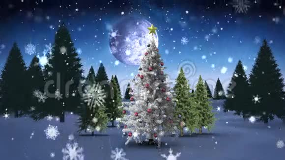 圣诞老人和他的雪橇飞过白雪皑皑的圣诞树视频的预览图