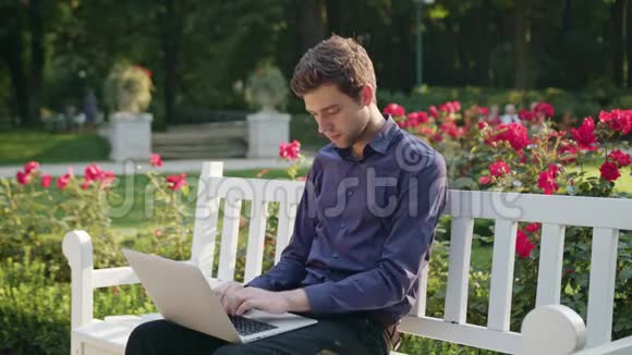 公园里的年轻人用笔记本电脑视频的预览图