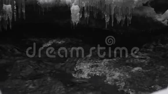 森林中带河的雪冬景观流动水视频的预览图