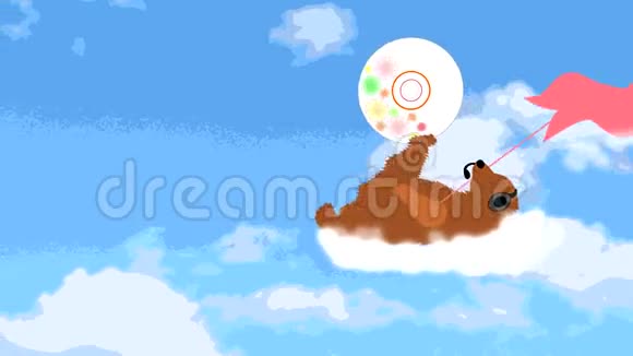 可爱的熊在耳机里的云上飞行爪子上有圆盘视频的预览图