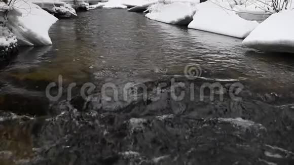 在公园里流着雪的水背景中的冰柱视频的预览图
