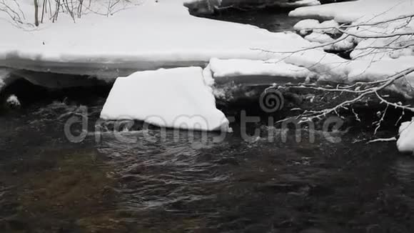 在公园里流着雪的水背景中的冰柱视频的预览图